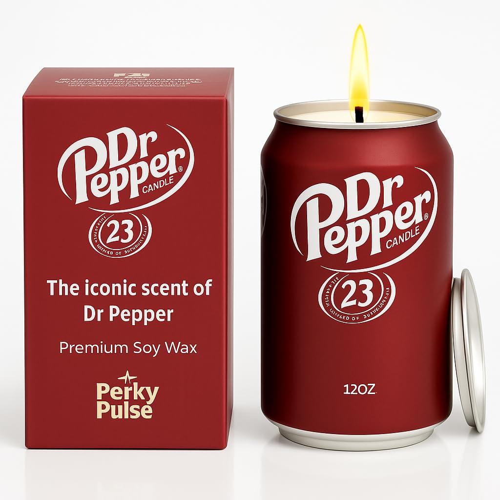 Perky Pulse Dr Pepper Candle close-up reveals the realistic can for a playful gag