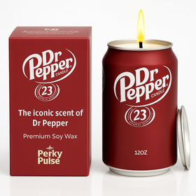Perky Pulse Dr Pepper Candle close-up reveals the realistic can for a playful gag