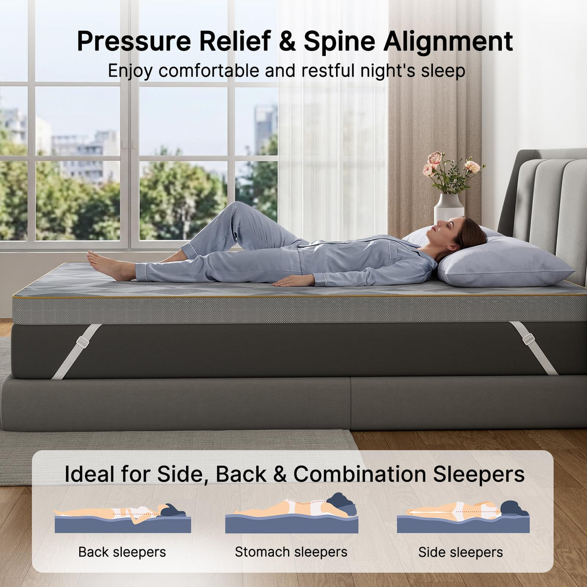 PERLECARE Firm Topper Queen uses non-slip bottom to stay in place.
