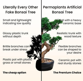 Permaplants artificial bonsai on a tidy desk setup.