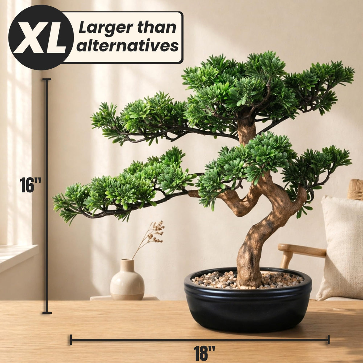 No-maintenance scene showing an evergreen bonsai in a living space.