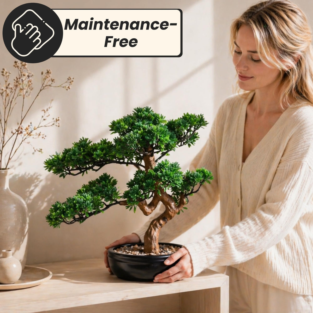 Room ambience with Permaplants bonsai adding calm accent.