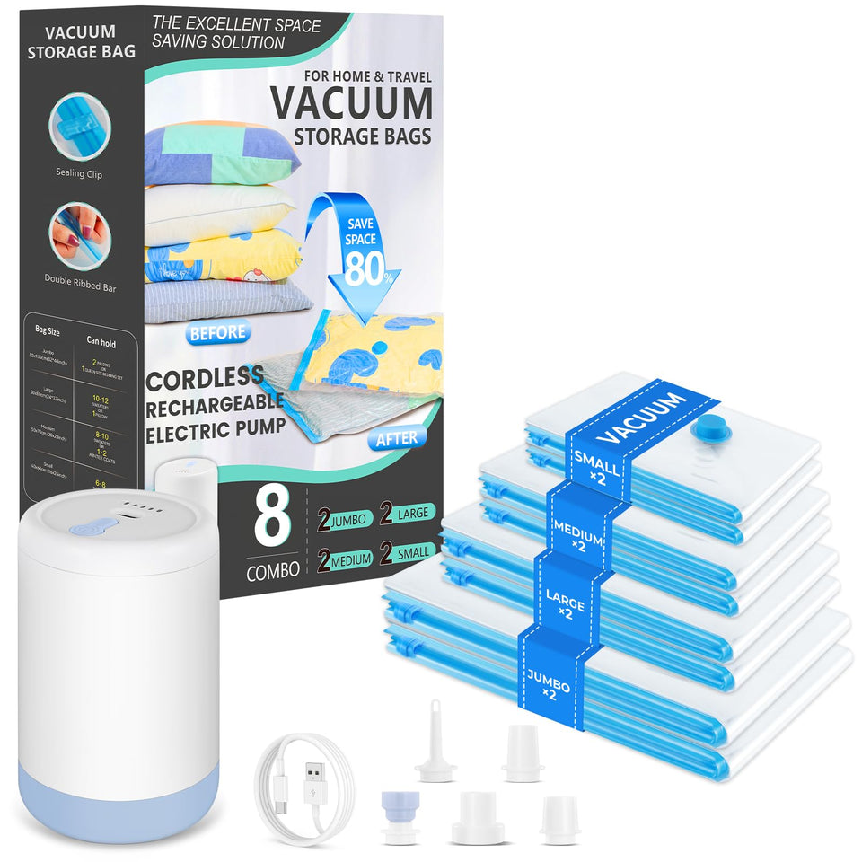 PERMAROMA vacuum bags 8-pack laid out for organized packing and space saving