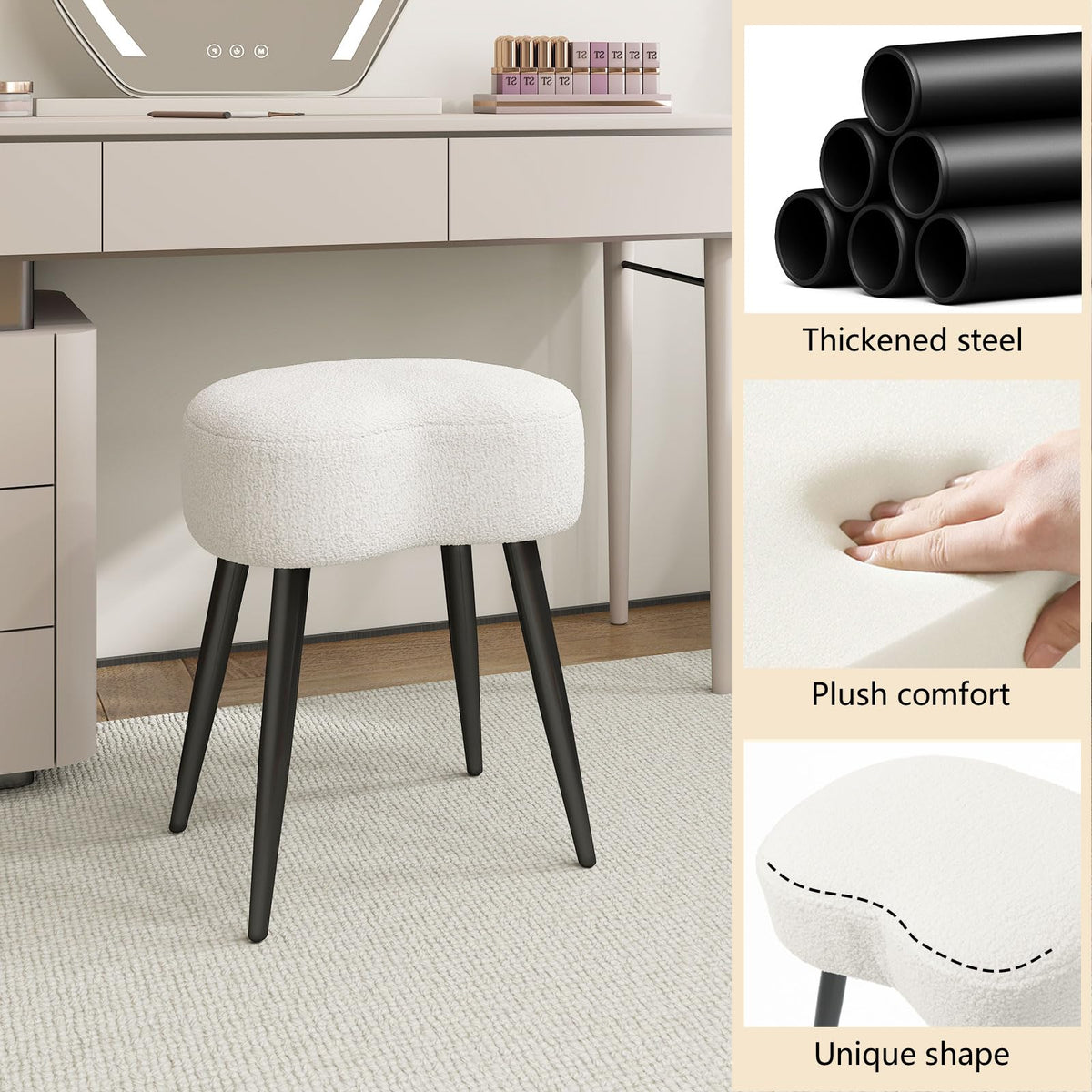 Ergonomic curved seat supports comfort during beauty sessions.