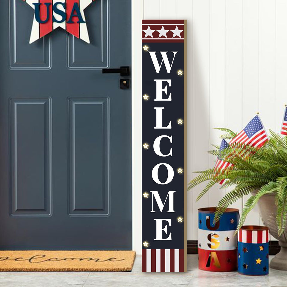 PEROUU lighted Independence Day porch sign with welcome text and patriotic colors for outdoor use