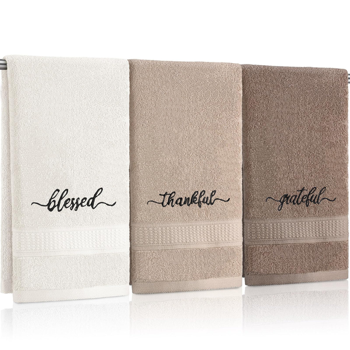 Peryiter Grateful Thankful Blessed embroidery towels enhance farmhouse bathroom decor.