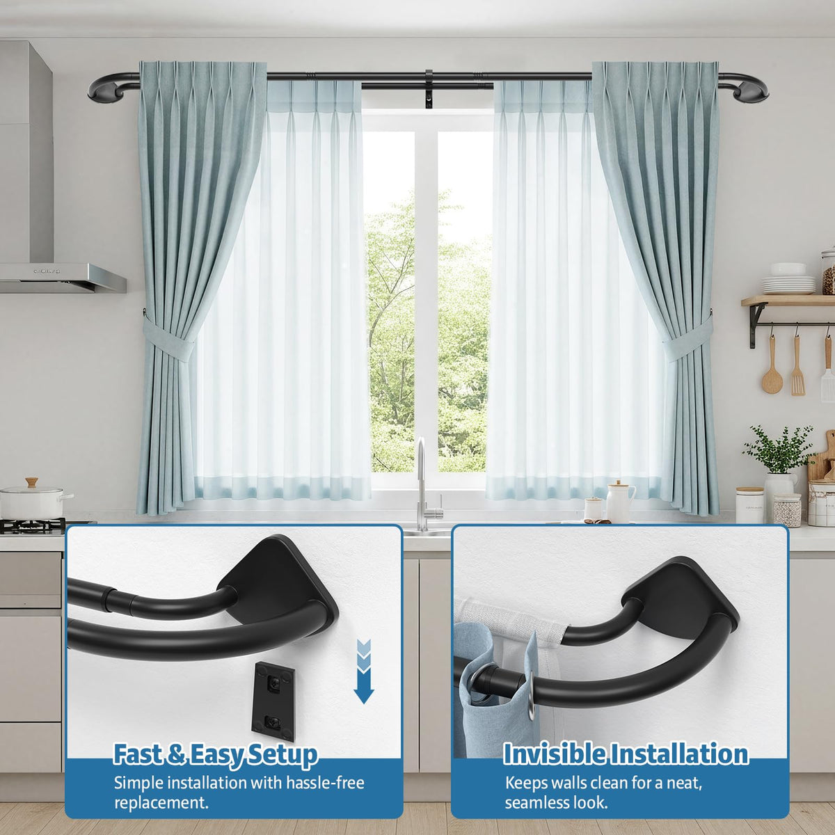 Pesenp telescoping double curtain rod showing adjustable length for different windows.