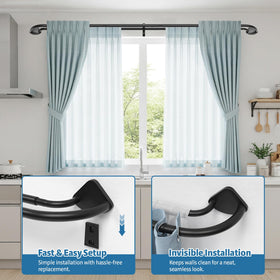 Pesenp telescoping double curtain rod showing adjustable length for different windows.