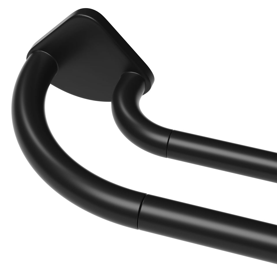 Pesenp black double curtain rod with wrap-around design blocks light for a darker room.