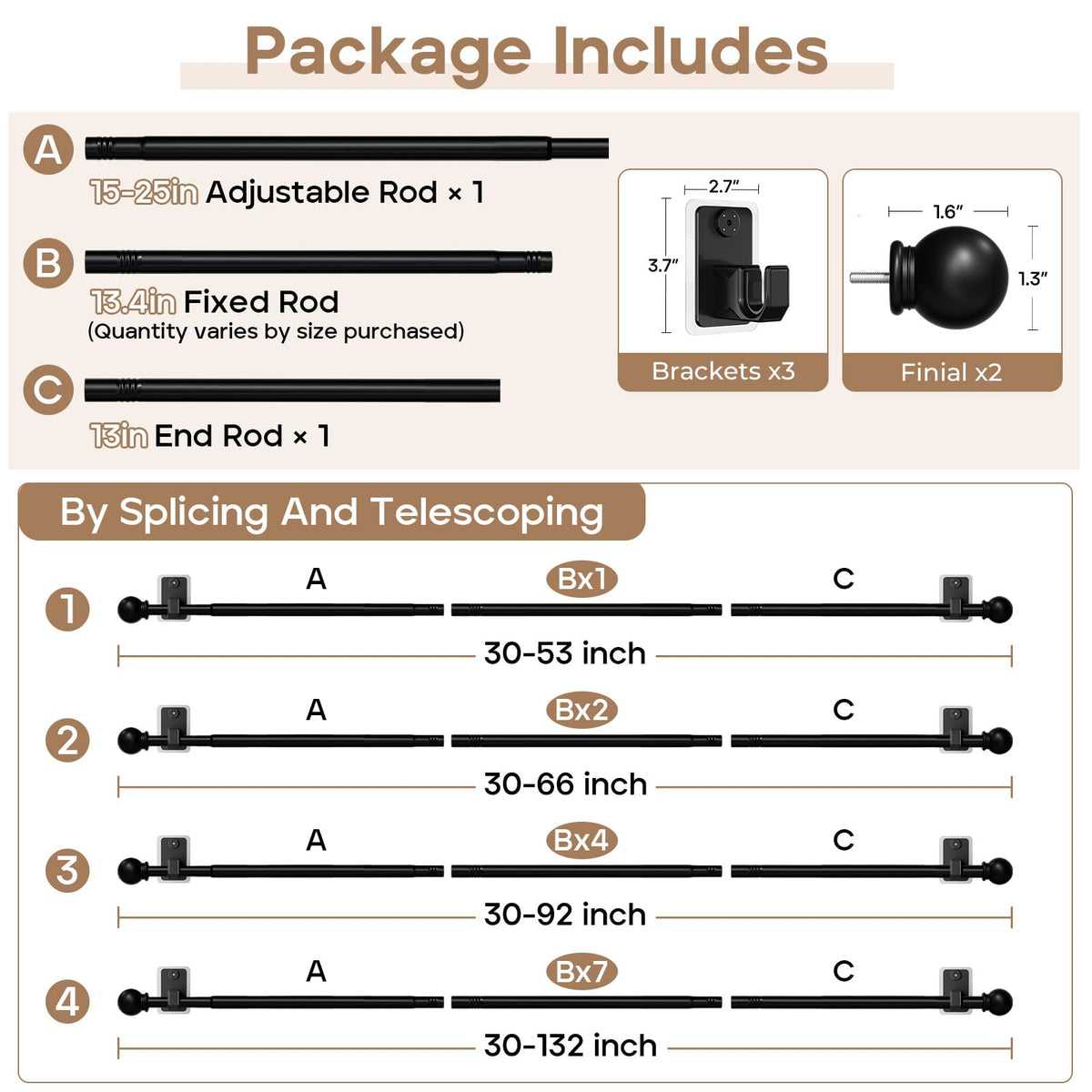 PeSenp adjustable telescoping system fits 48 to 84 inches.