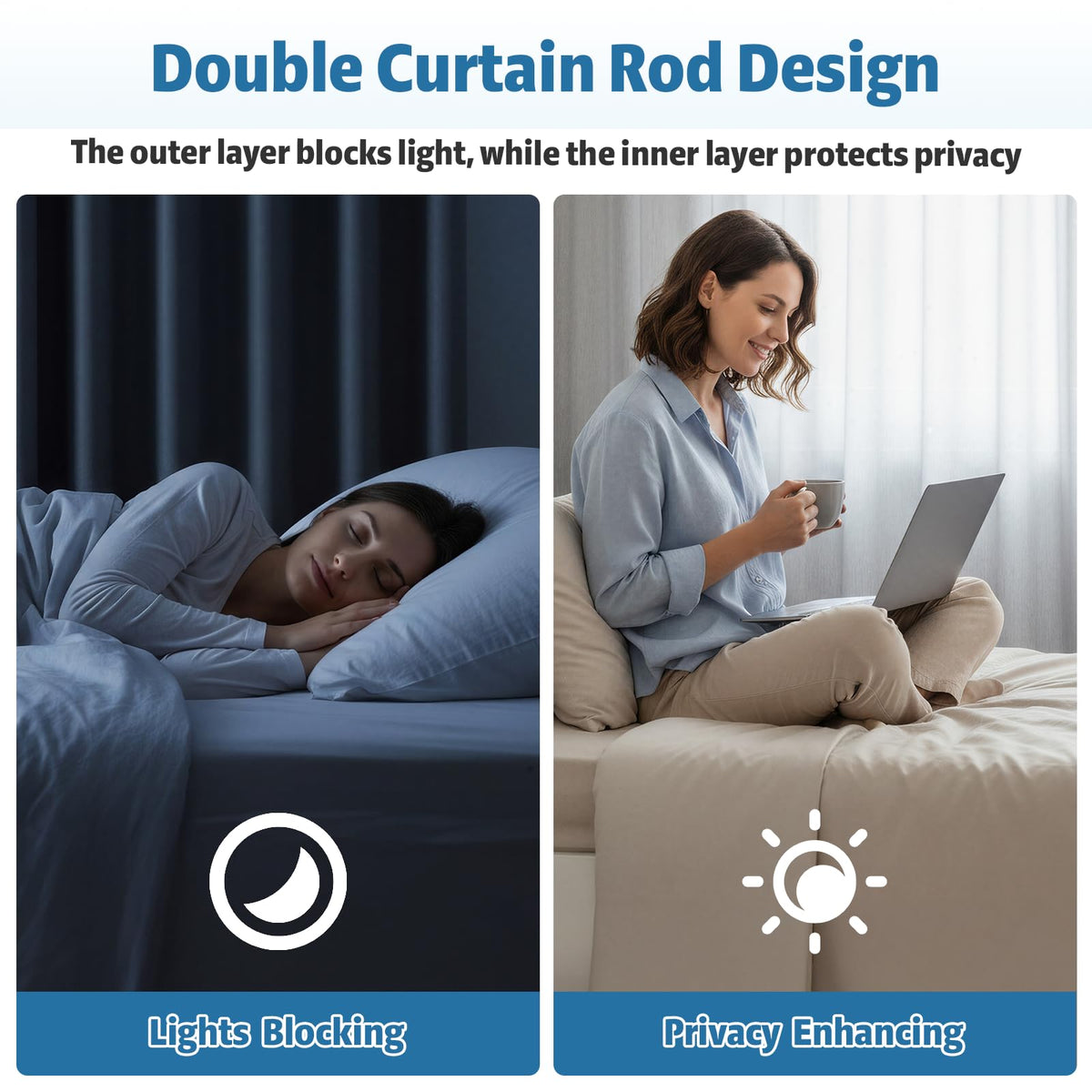 Pesenp front rod supports heavy blackout curtains up to 22 pounds.