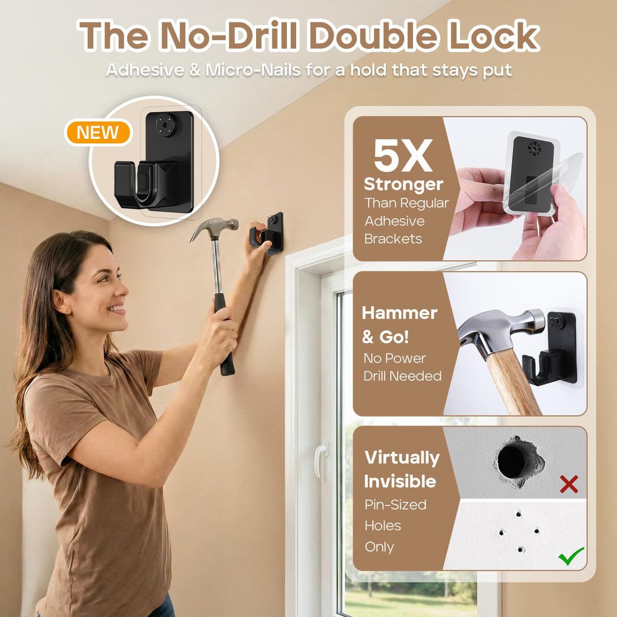 PeSenp pin-nail mount demonstrates minimal wall damage with removable pins.