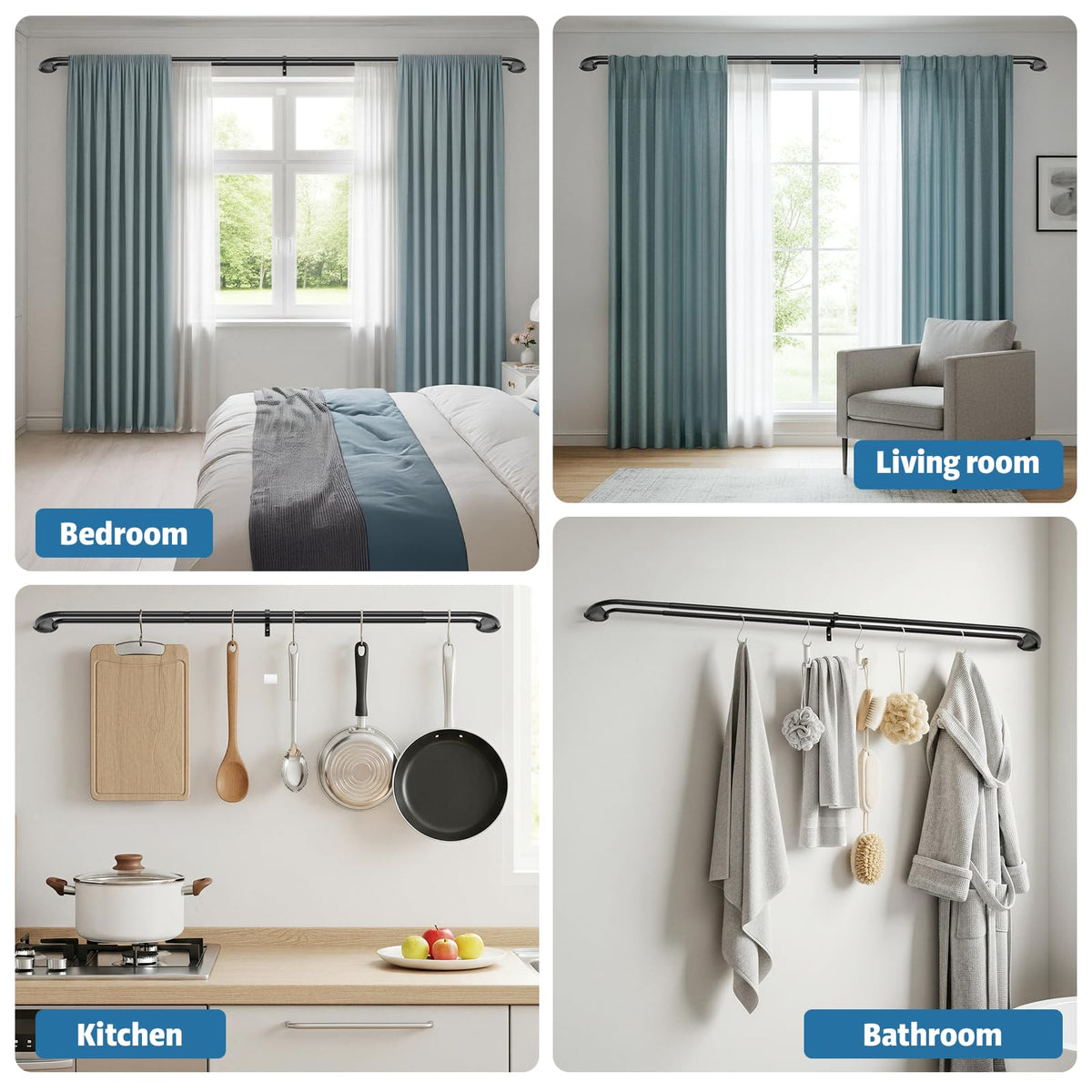 Pesenp rear rod accommodates lighter curtains for balanced privacy.