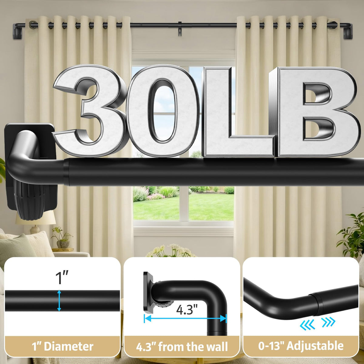 PeSenp curtain rod fits 48-84 inch windows with 1 inch diameter.