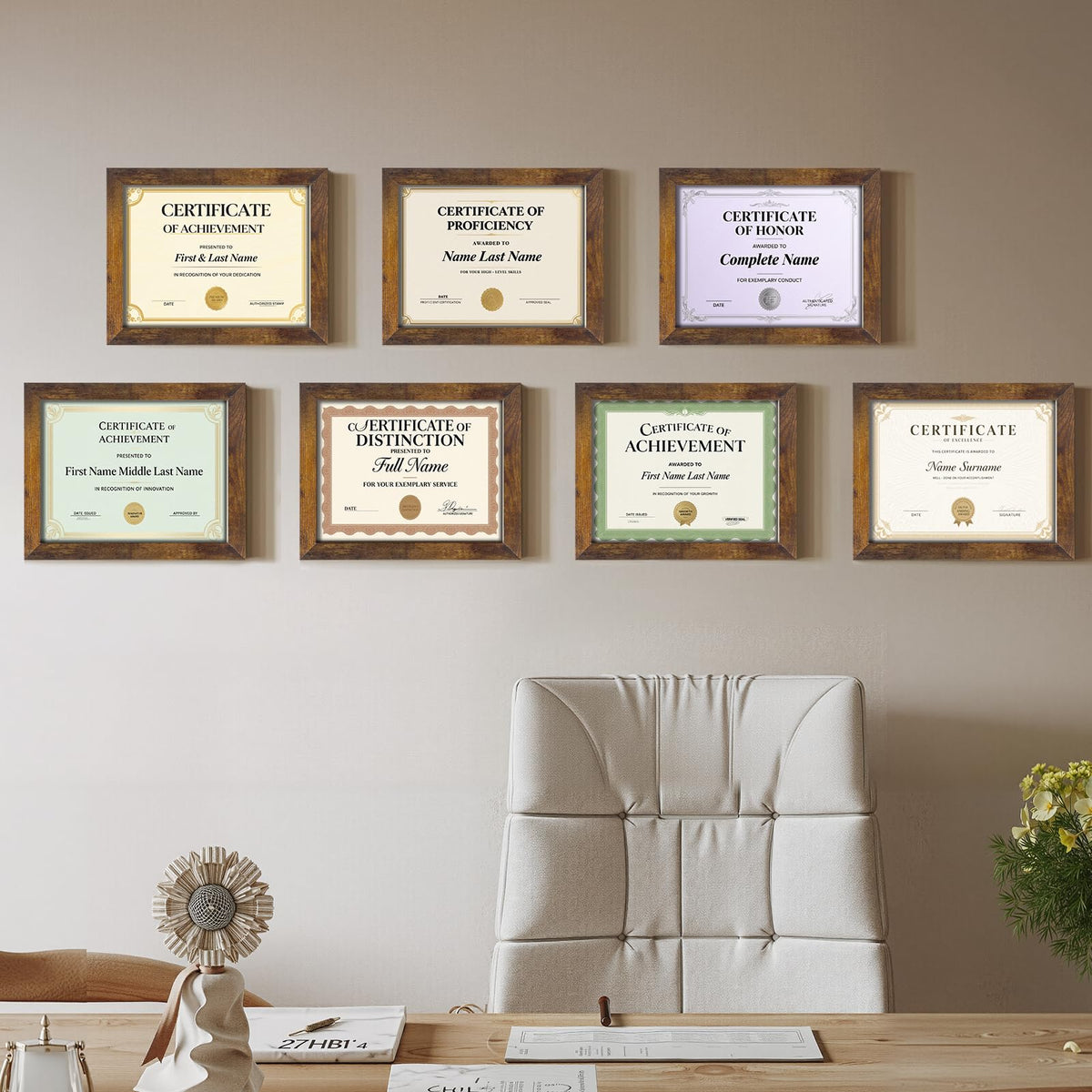 PETAFLOP neutral brown frame highlights photos and certificates.