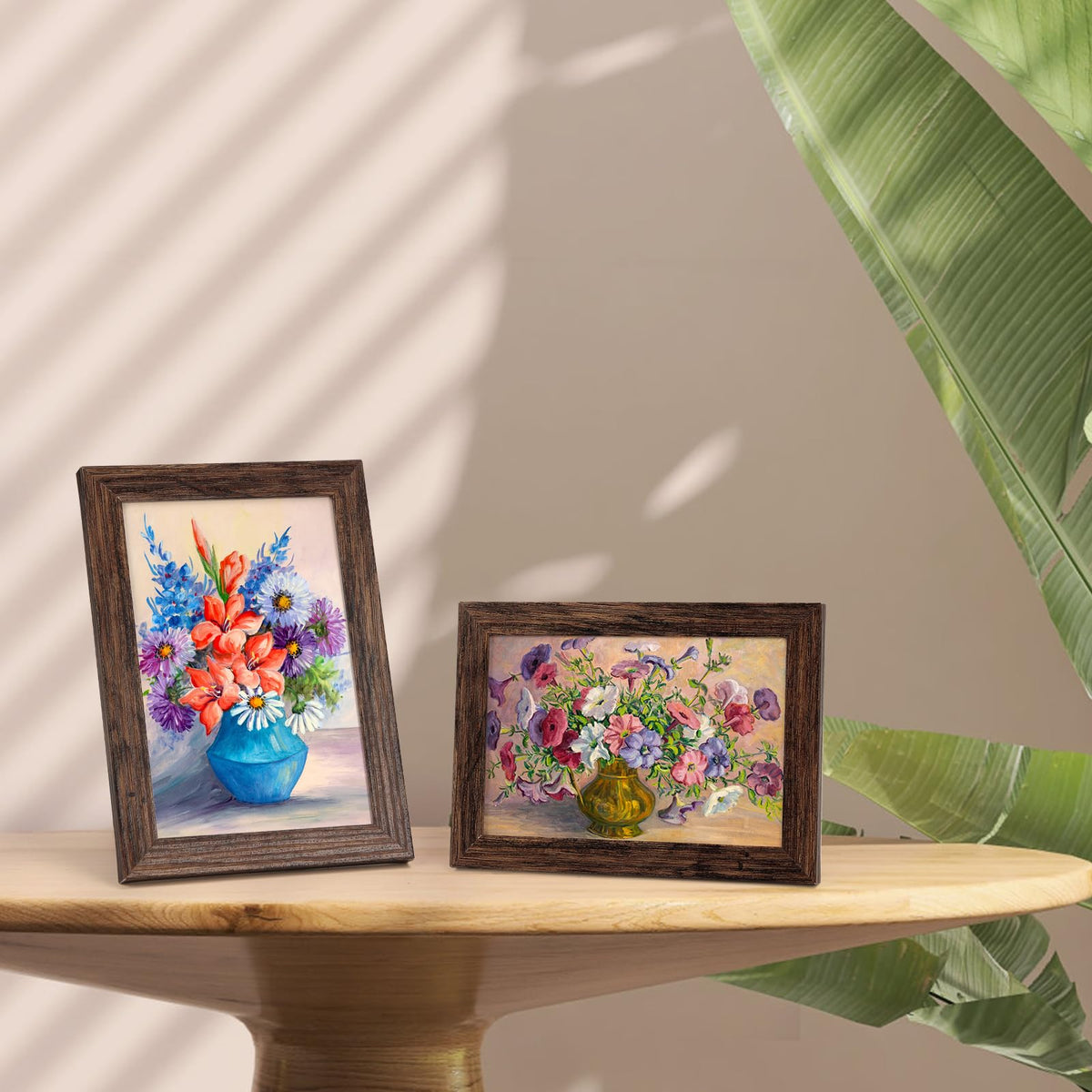 PETAFLOP rustic brown 4x6 frames shown in vertical and horizontal layouts for flexible mounting.