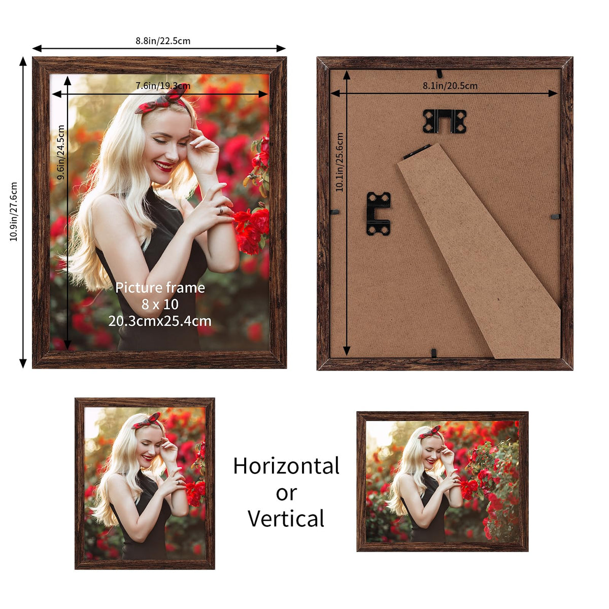 PETAFLOP wooden 8x10 frames, wall display, showcases versatile horizontal or vertical layouts.