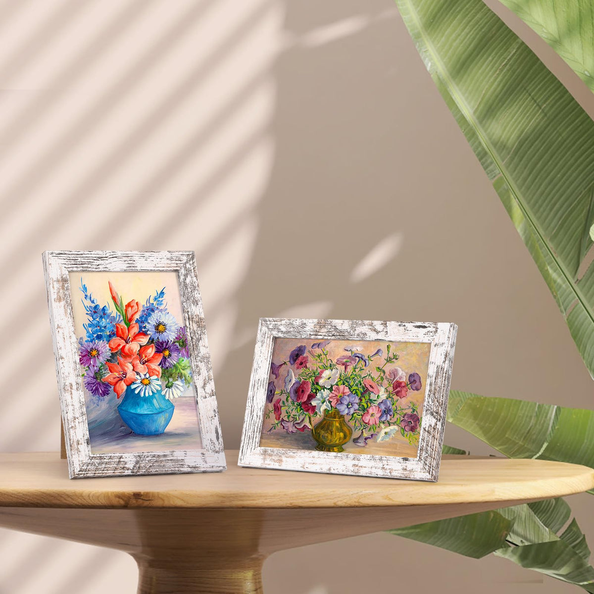 PETAFLOP wooden frames show distressed white finish and wood grain texture.