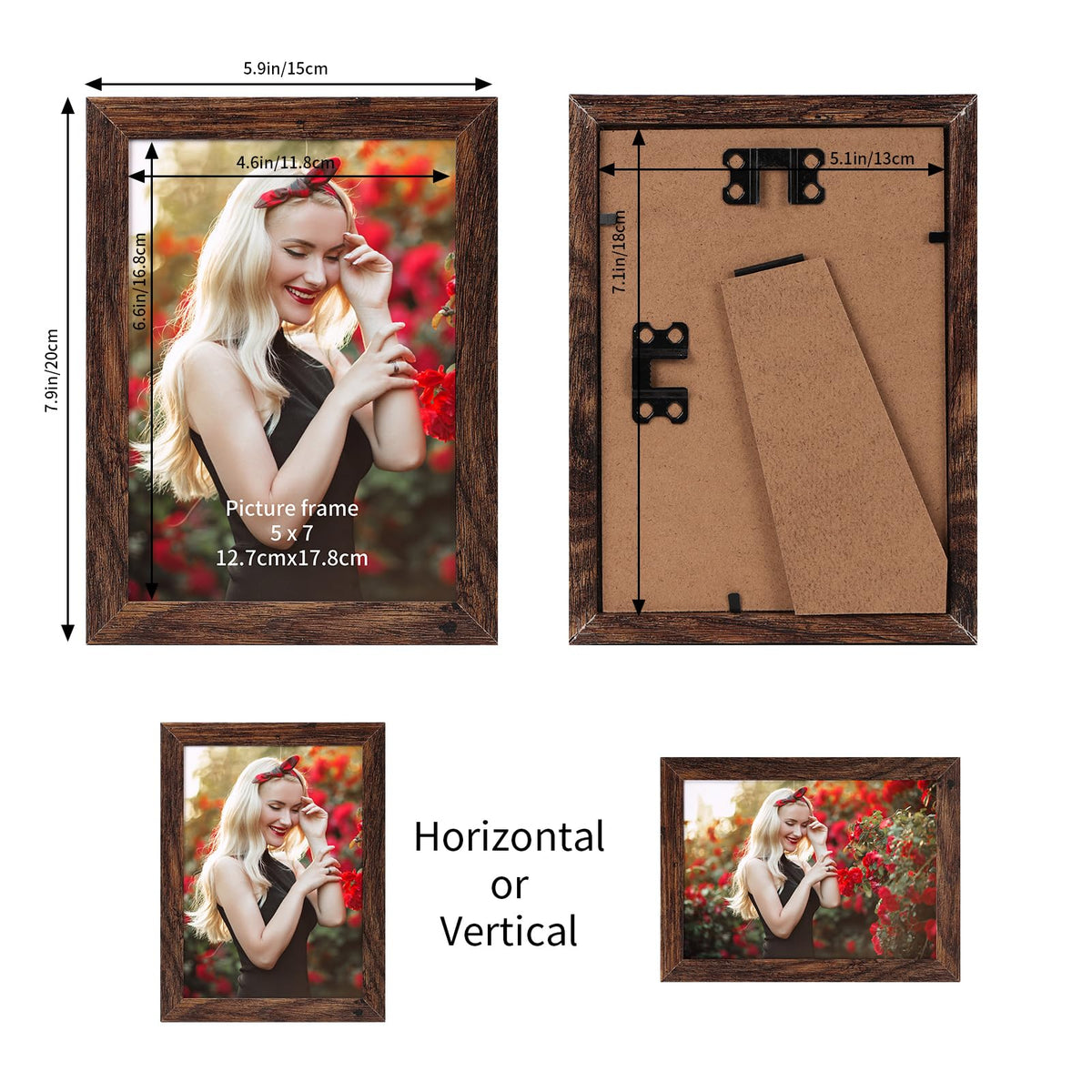 PETAFLOP wooden frame 5x7 rustic brown supports versatile portrait or landscape display.