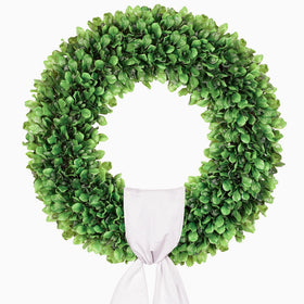 Petalyn 20 inch artificial boxwood wreath on front door with sash enhances curb appeal