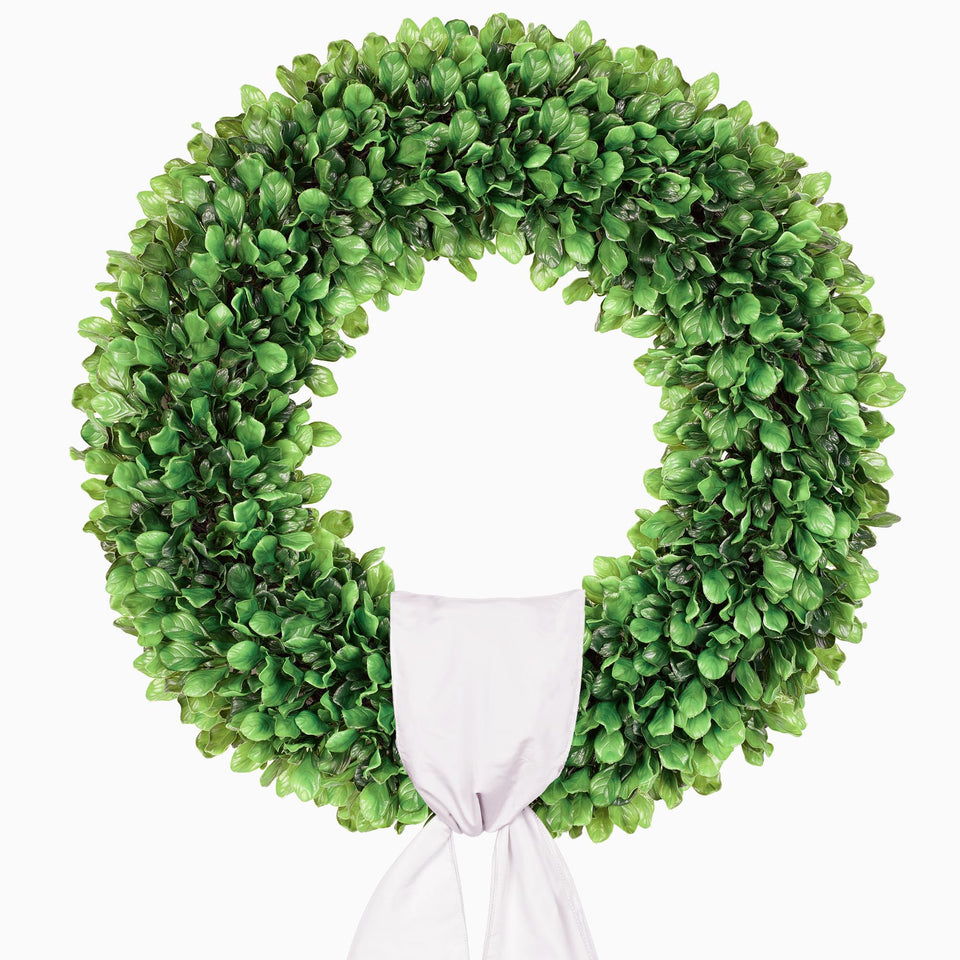 Petalyn 20 inch artificial boxwood wreath on front door with sash enhances curb appeal