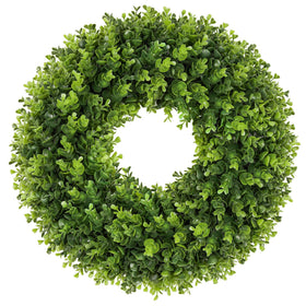 Petalyn 20-inch boxwood wreath on front door for year-round curb appeal