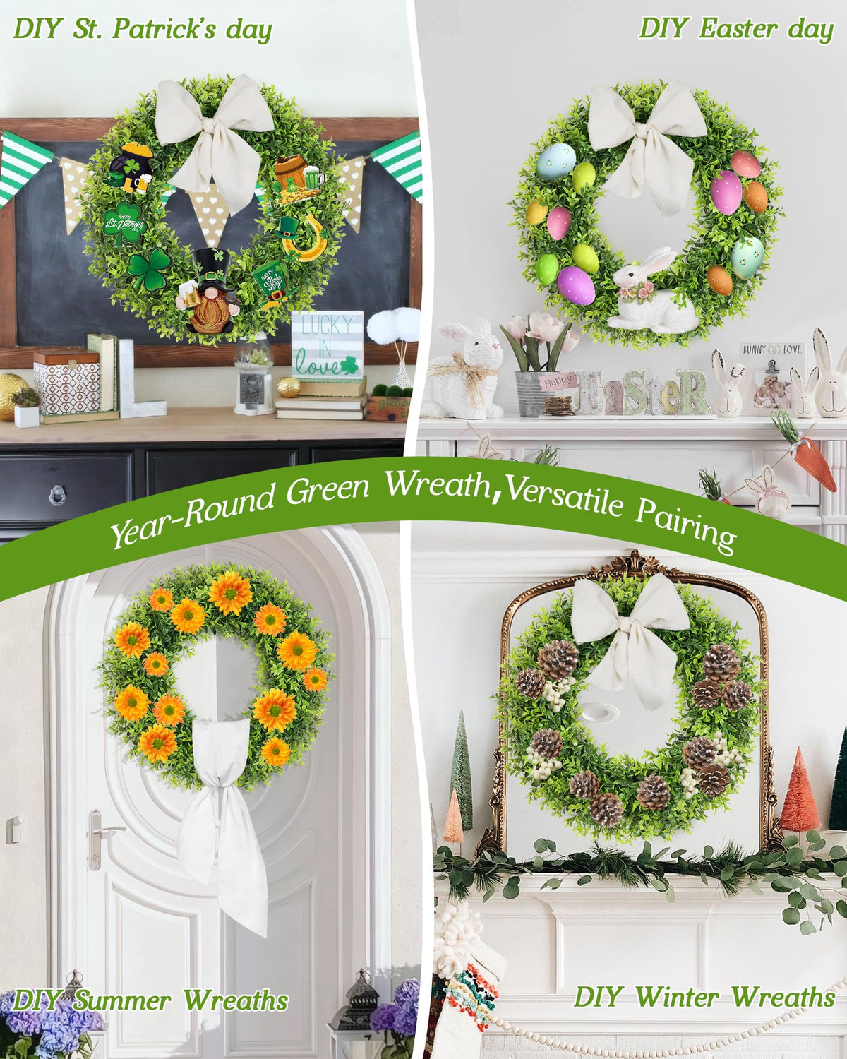 Petalyn boxwood wreath with shamrock accents for St Patrick's Day decor