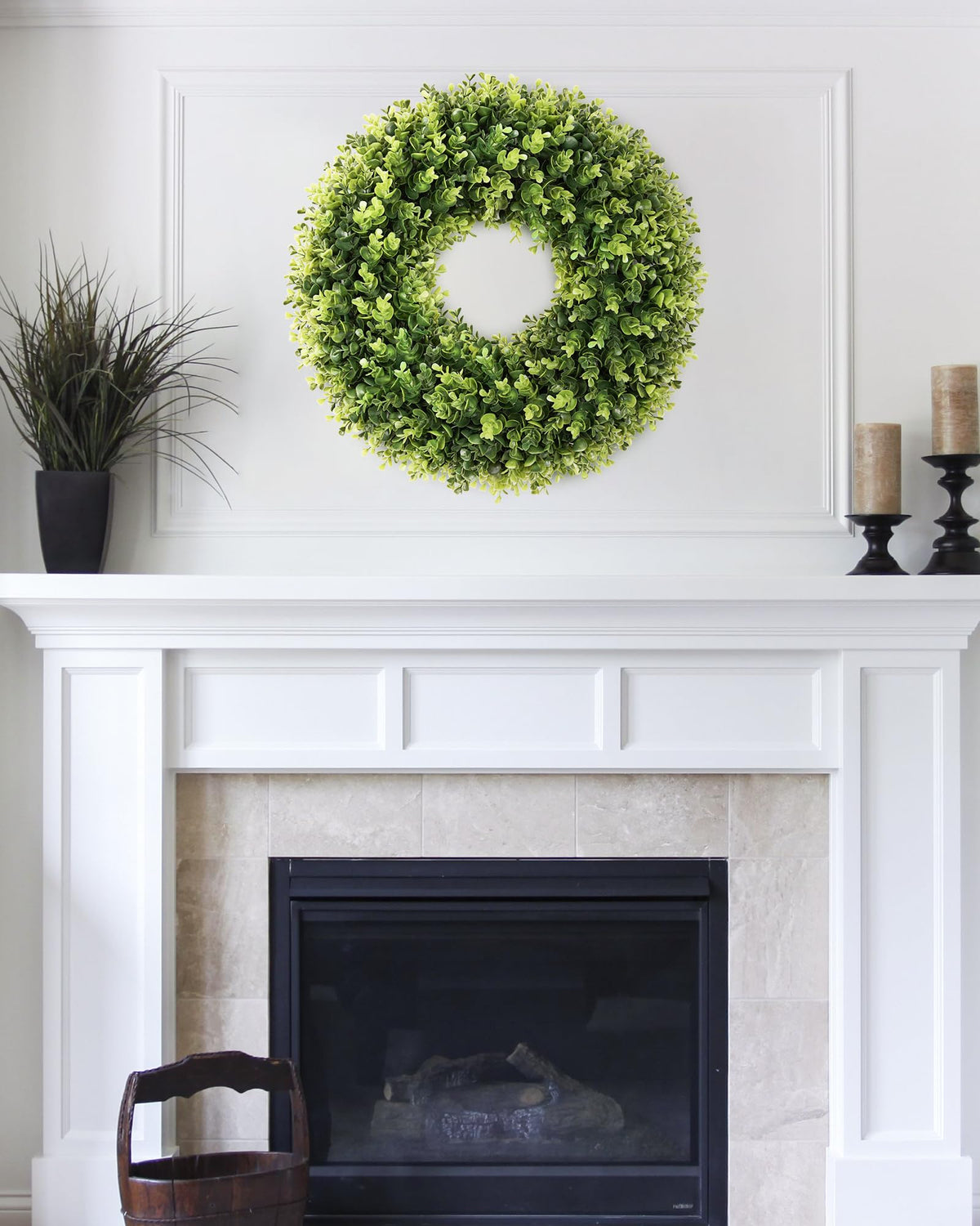 Petalyn wreath displayed on living room wall adds natural ambience