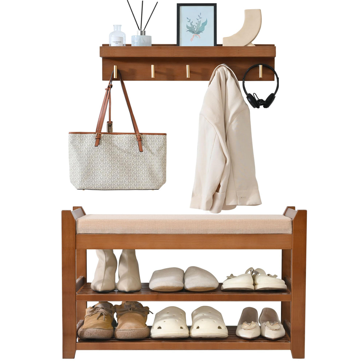 PETKABOO entryway bench with coat rack offers organized seating and convenient storage.