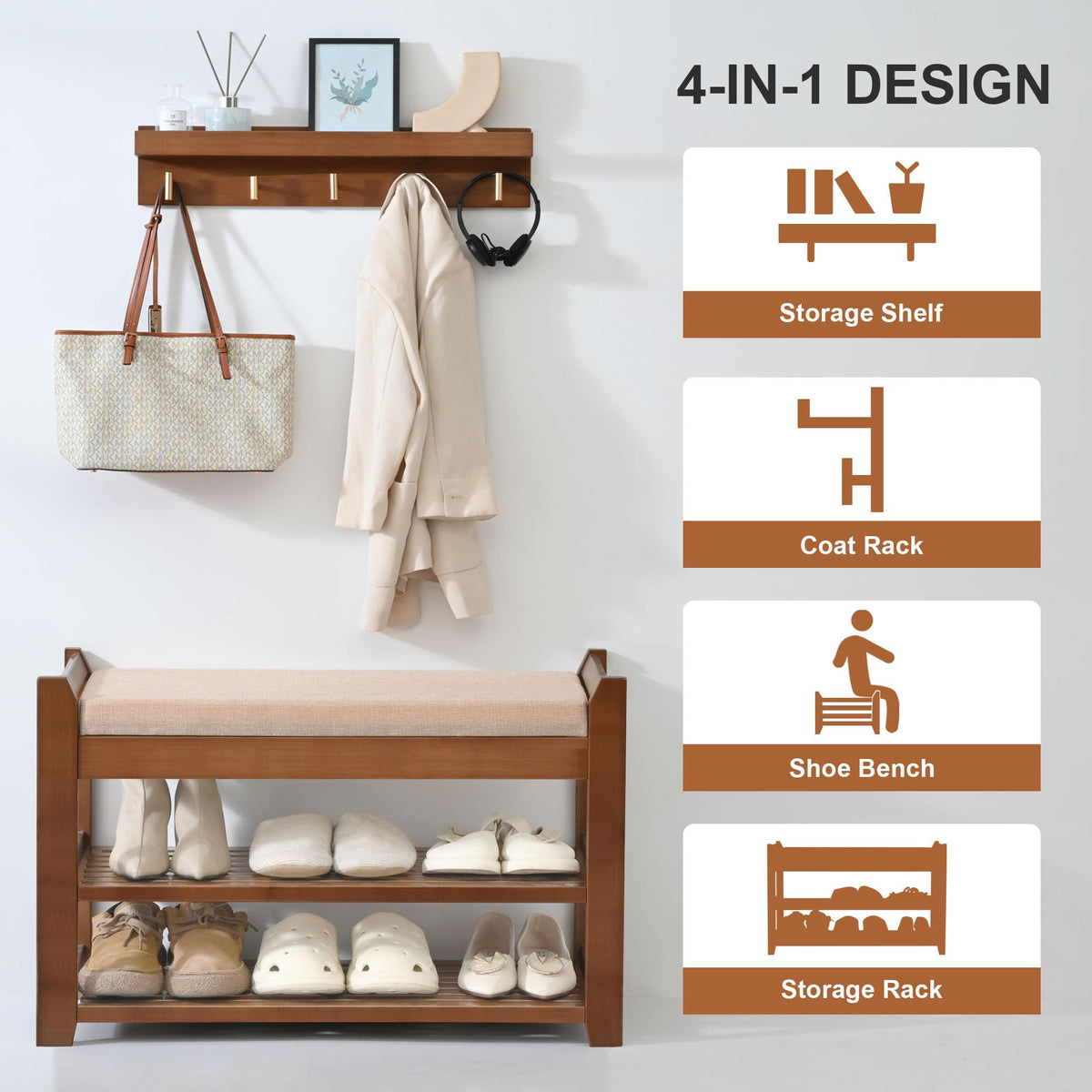 PETKABOO hall tree with shoe storage keeps footwear neatly within reach.