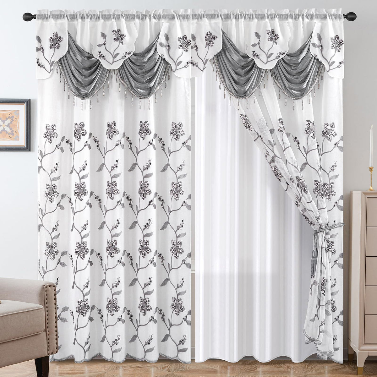 Petrichor embroidered sheer curtain beads closeup adds sparkle to living spaces