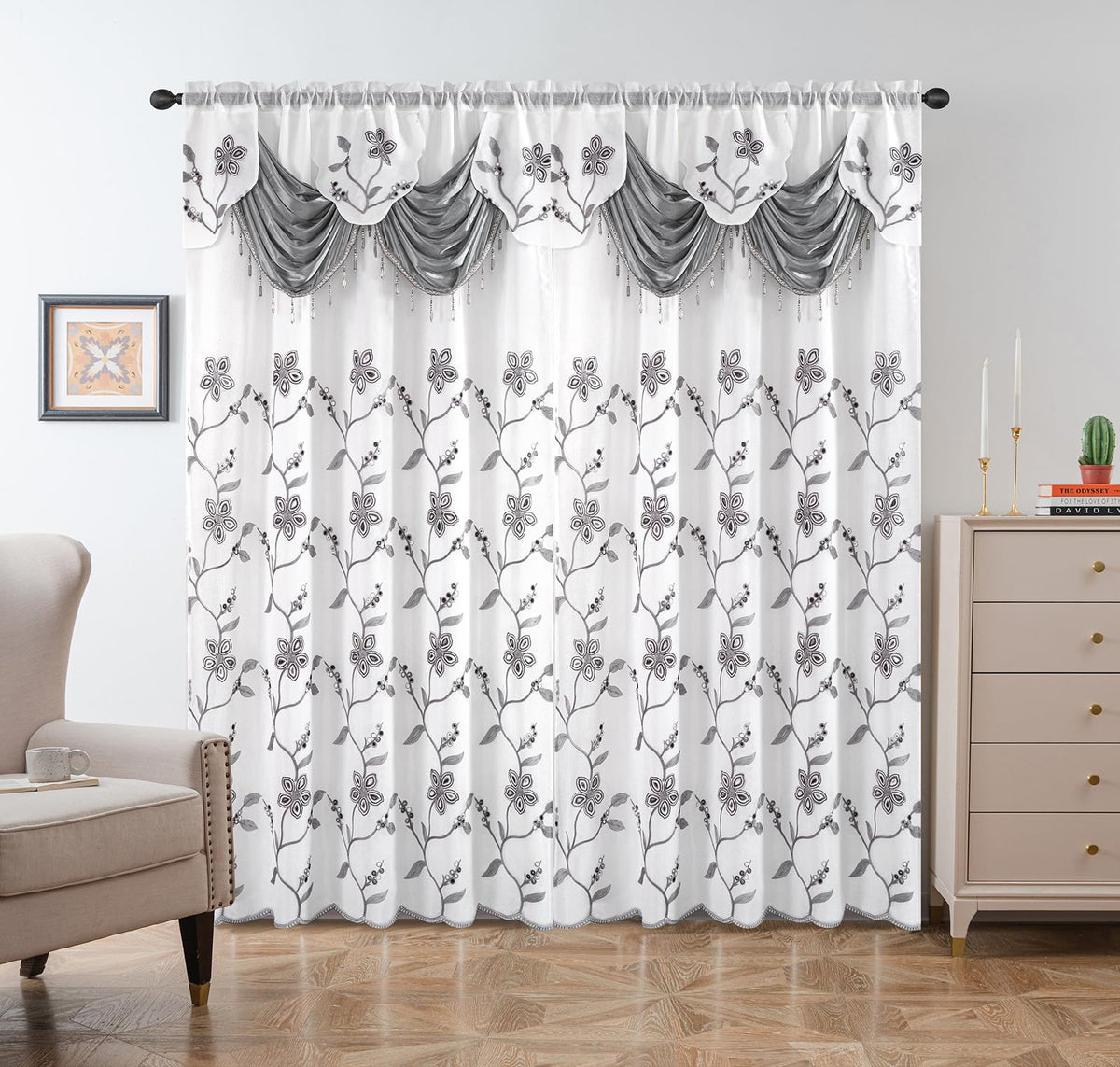 Petrichor embroidered sheer curtain valance closeup showcases luxurious drape