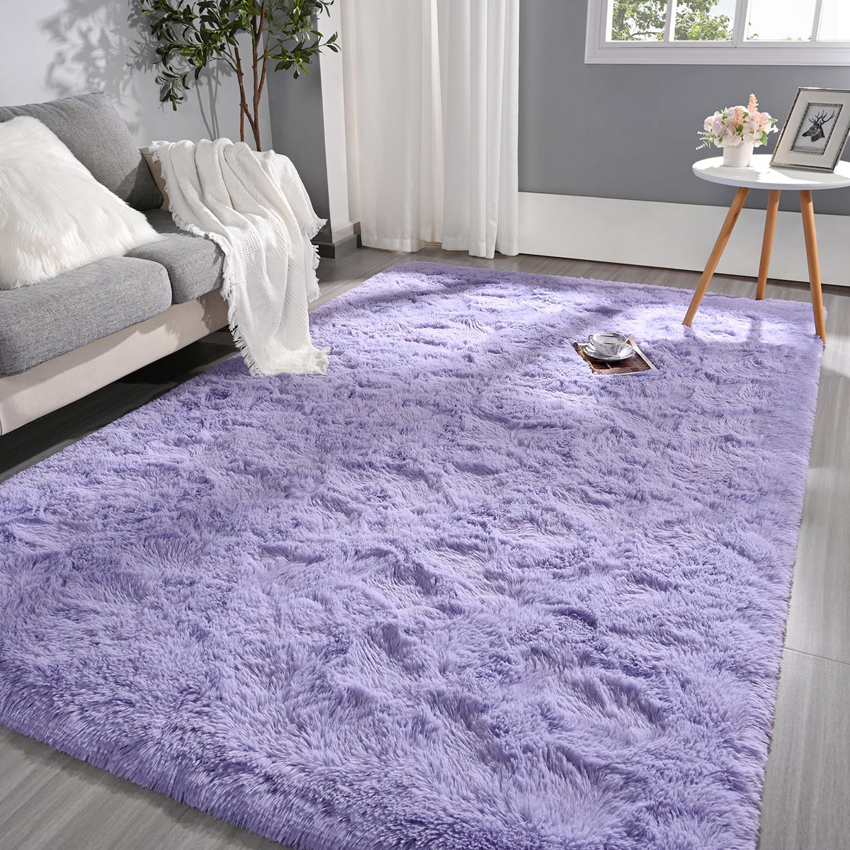 Pettop fluffy lavender 4x6 rug for the living room adds plush comfort and color.