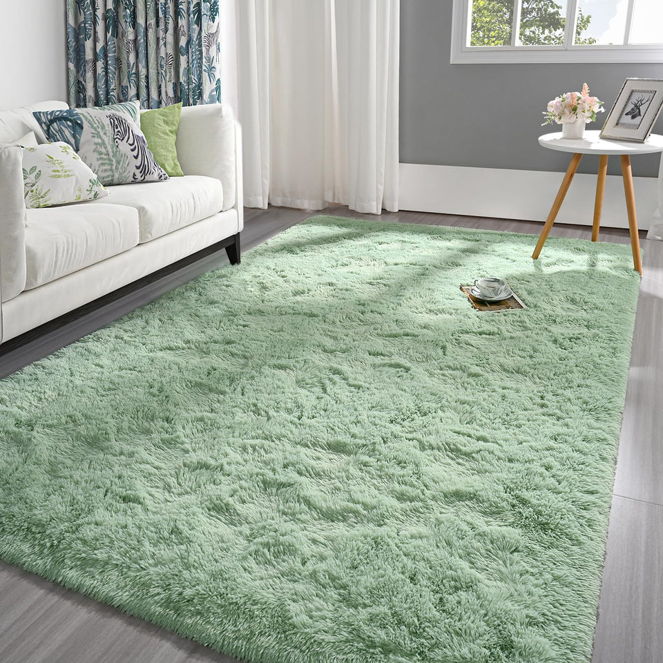 Pettop fluffy sage green area rug 4x6 in a cozy bedroom, soft underfoot.