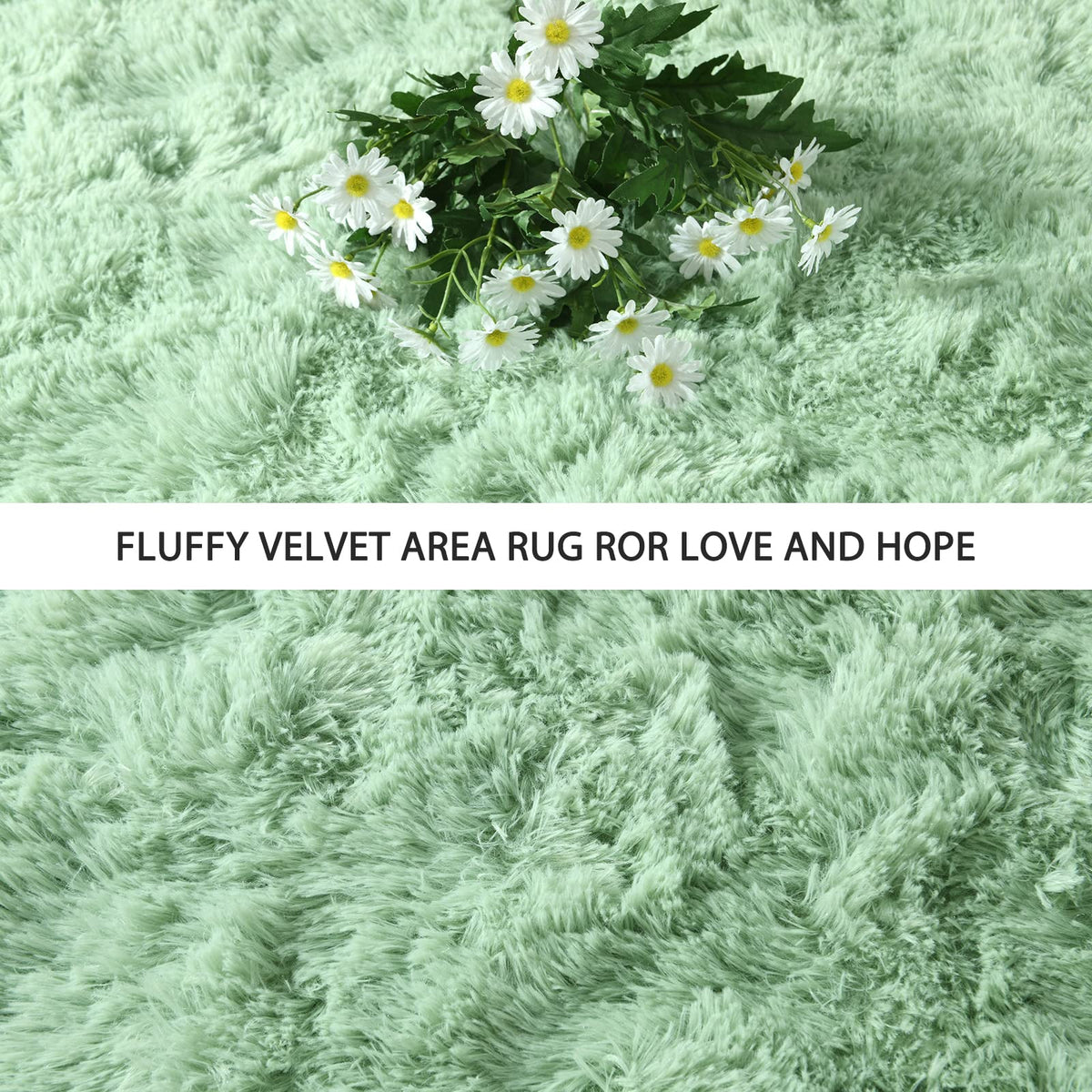 Pettop fluffy sage green area rug in a bedroom decor setting.