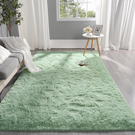 Pettop fluffy sage green area rug close-up fiber detail highlighting plush texture.