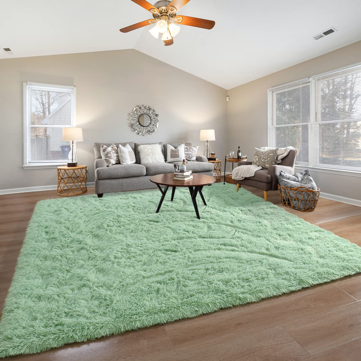 Pettop fluffy sage green area rug suitable for nursery spaces.