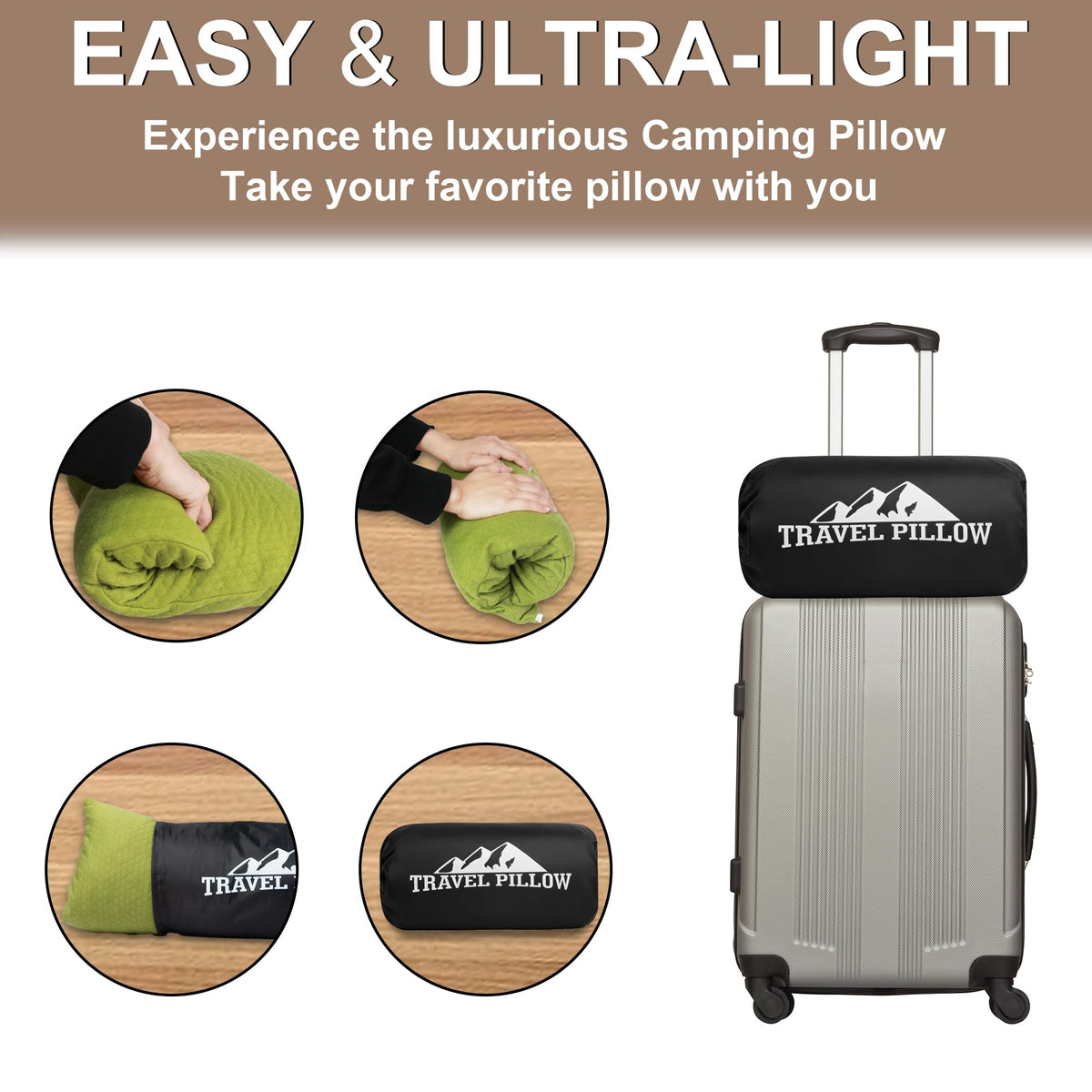 PEUJEW travel pillow inside its travel bag ready for adventure