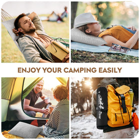 PEUJEW travel pillow for camping, hiking, and air travel in one compact package.