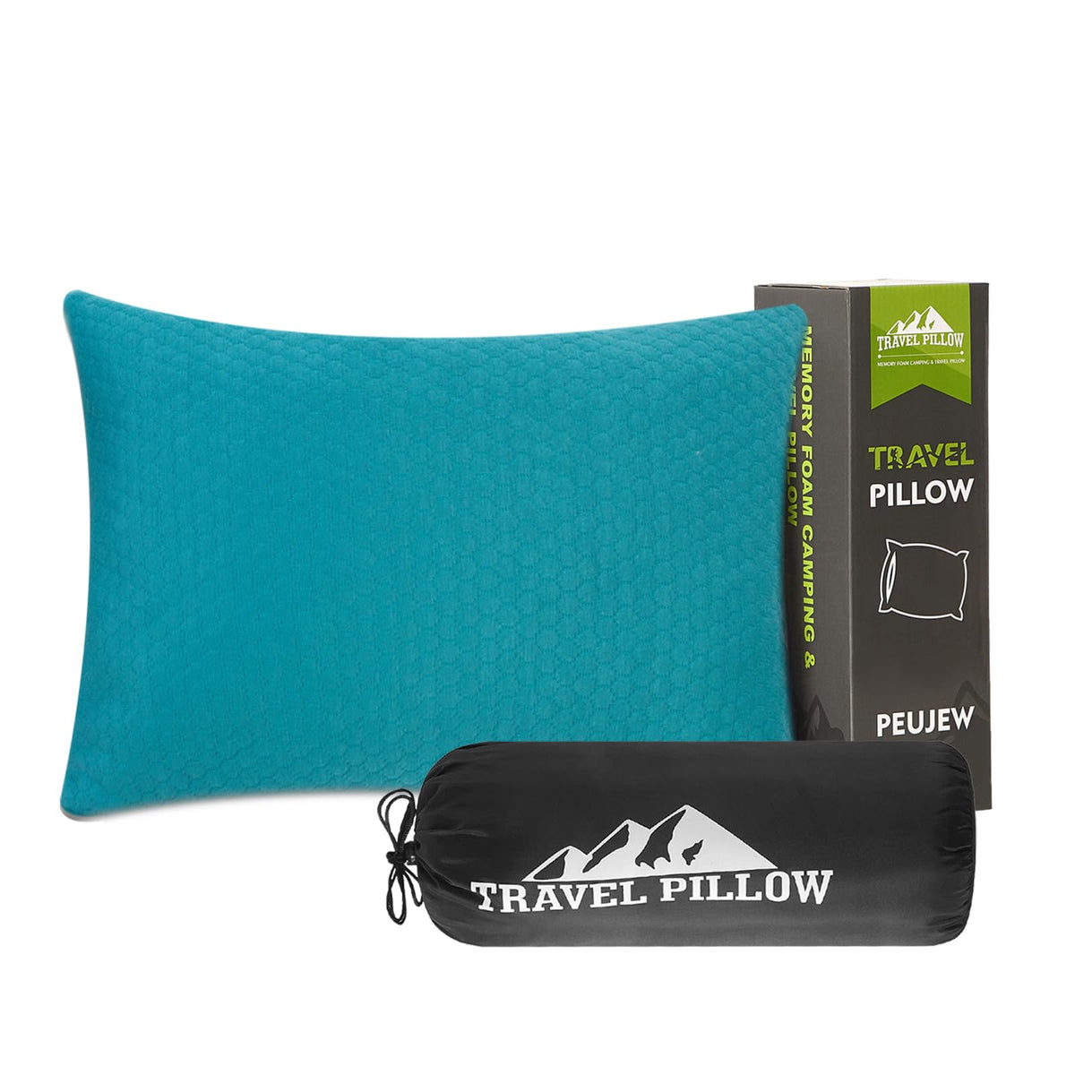 PEUJEW travel size pillow with compressible memory foam for easy packing.