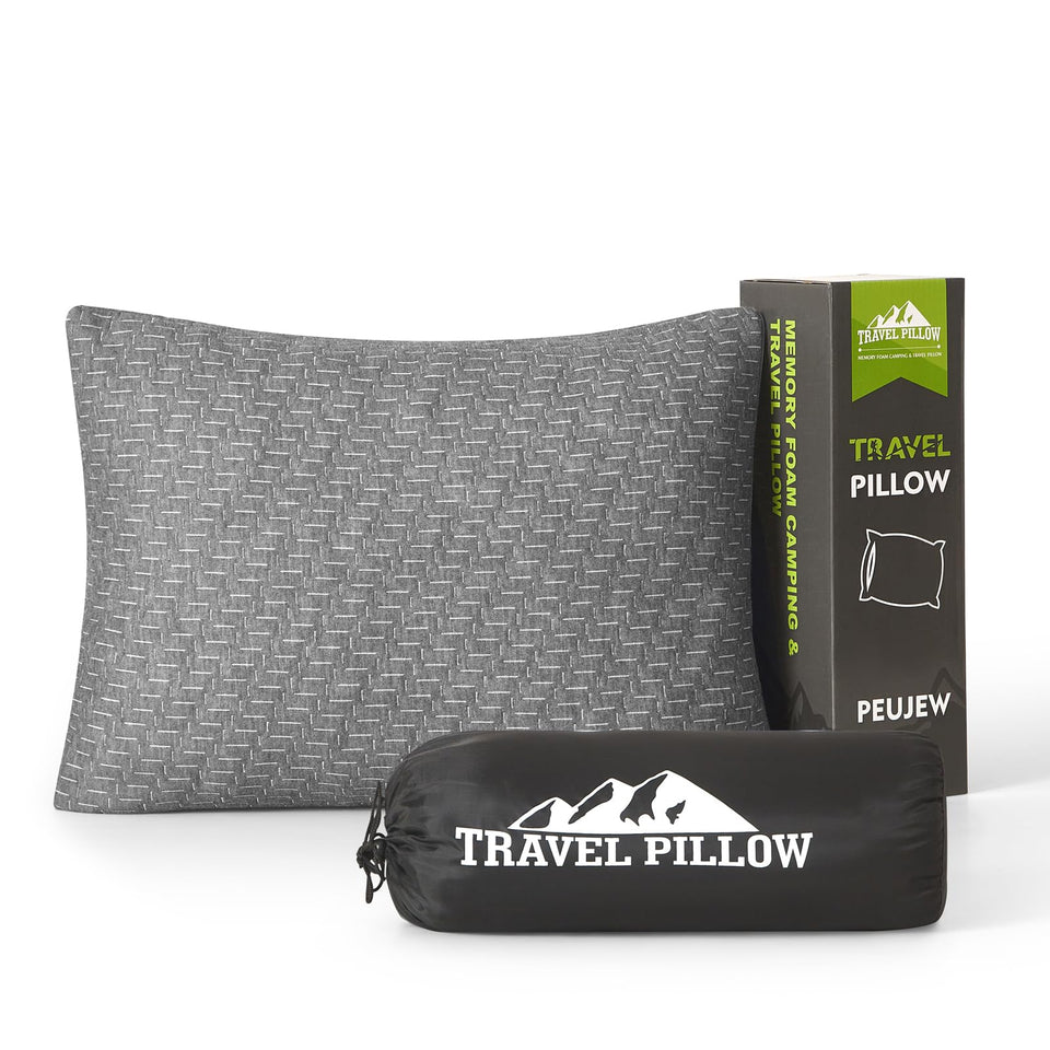 PEUJEW travel size pillow in open-pack demonstrates ultra-portable travel comfort.