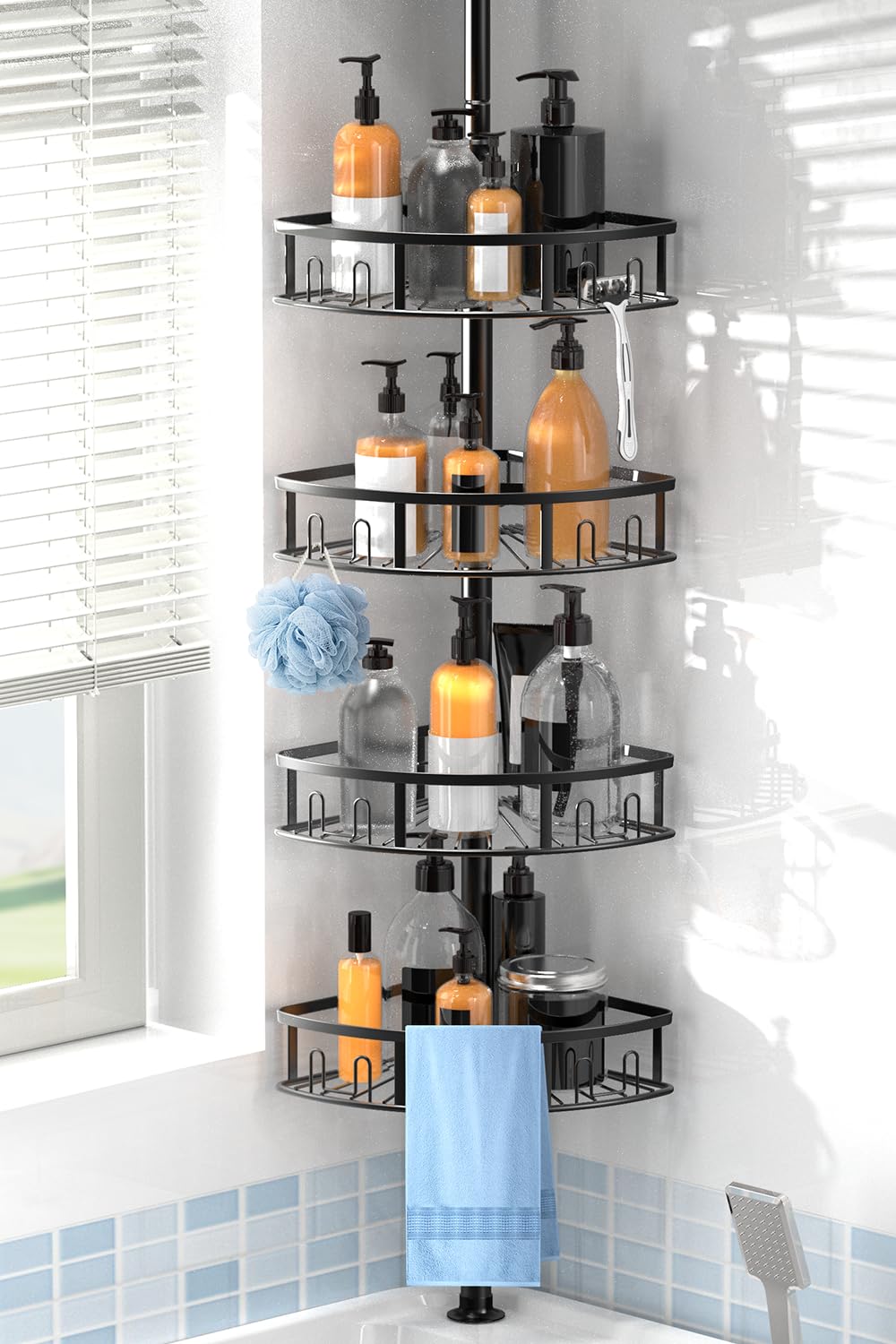 Peyulia 4-Tier shower caddy corner tension pole for organized bathroom storage.