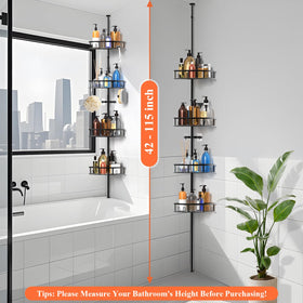 Peyulia adjustable-height shower organizer demonstrates flexible baskets for tall shampoo bottles.