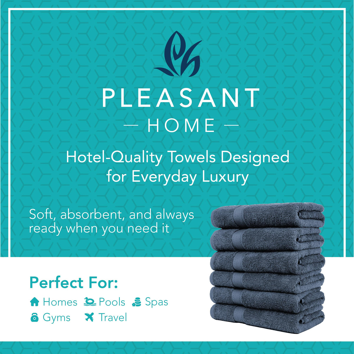 PH Pleasant Home bath towels 6-pack stacked in a bathroom for quick access.