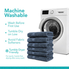 PH Pleasant Home navy towels spread for poolside or spa ambiance.