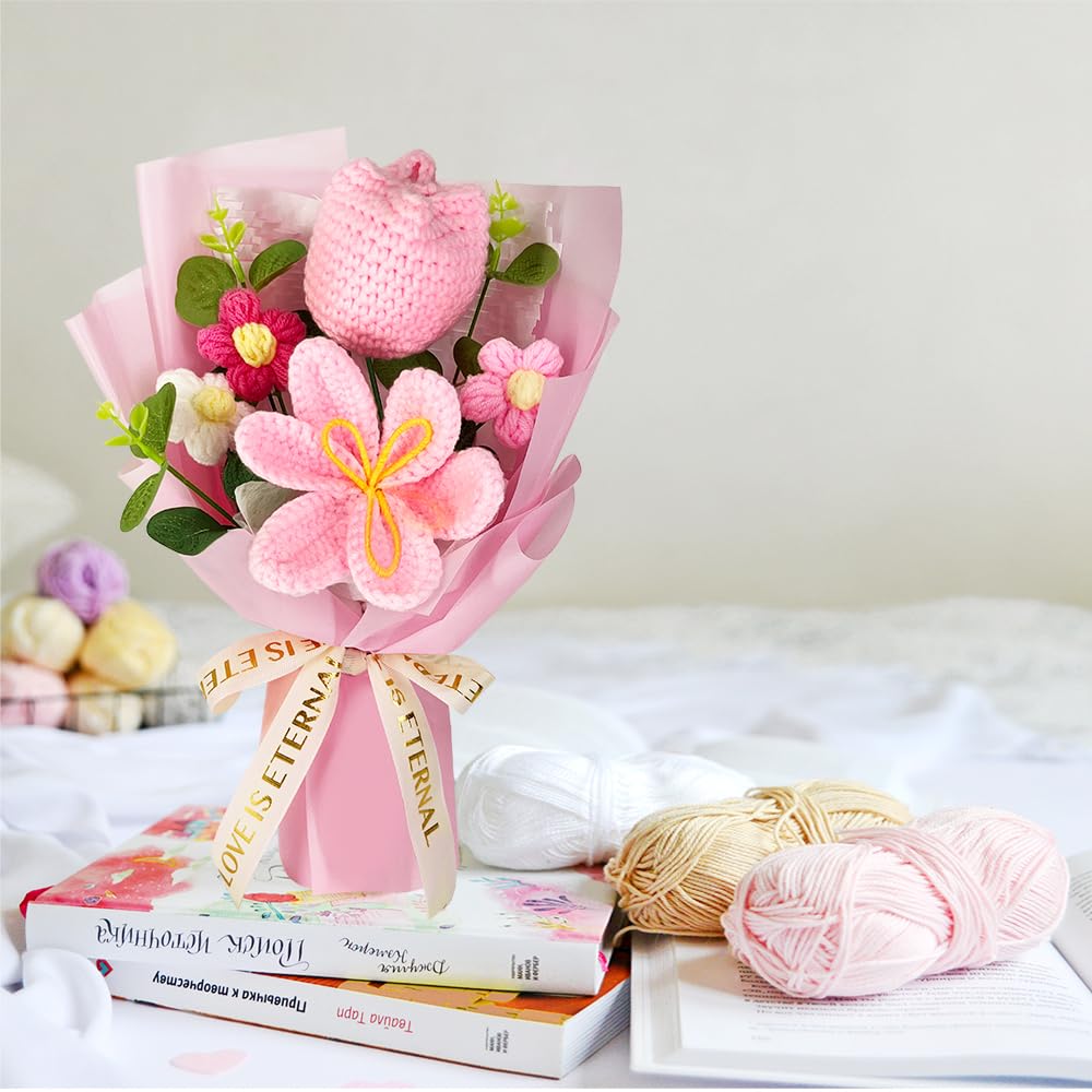 Phaicoilo pink crochet bouquet in vase, elegant desk decor
