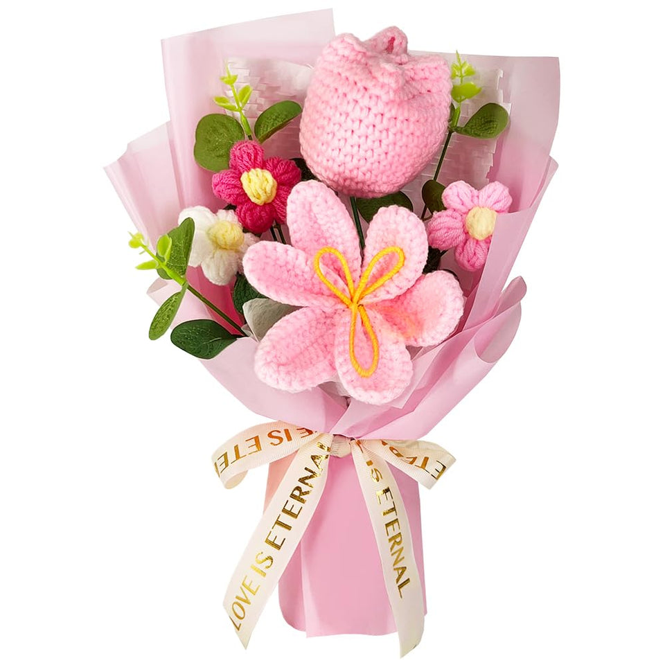 Phaicoilo pink crochet tulips bouquet, handcrafted centerpiece with lasting color
