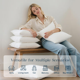 Phantoscope 18x18 pillow inserts on bed provide soft, lightweight comfort.