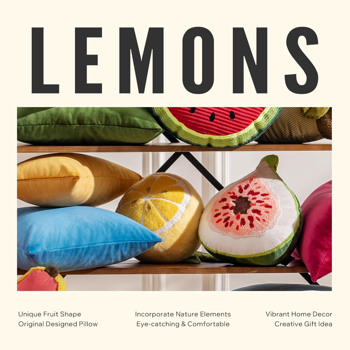 Phantoscope Lemon Shaped Throw Pillow in a bedroom corner for whimsy.