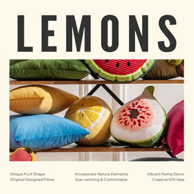 Phantoscope Lemon Shaped Throw Pillow in a bedroom corner for whimsy.